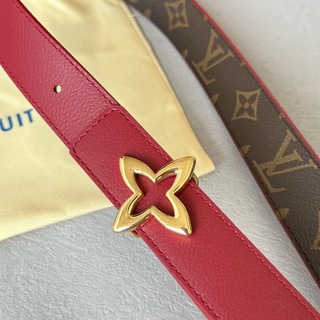 LOUIS VUITTON LV Flowergram 30mm Reversible Belt Gold Buckle Burgundy Brown Leather