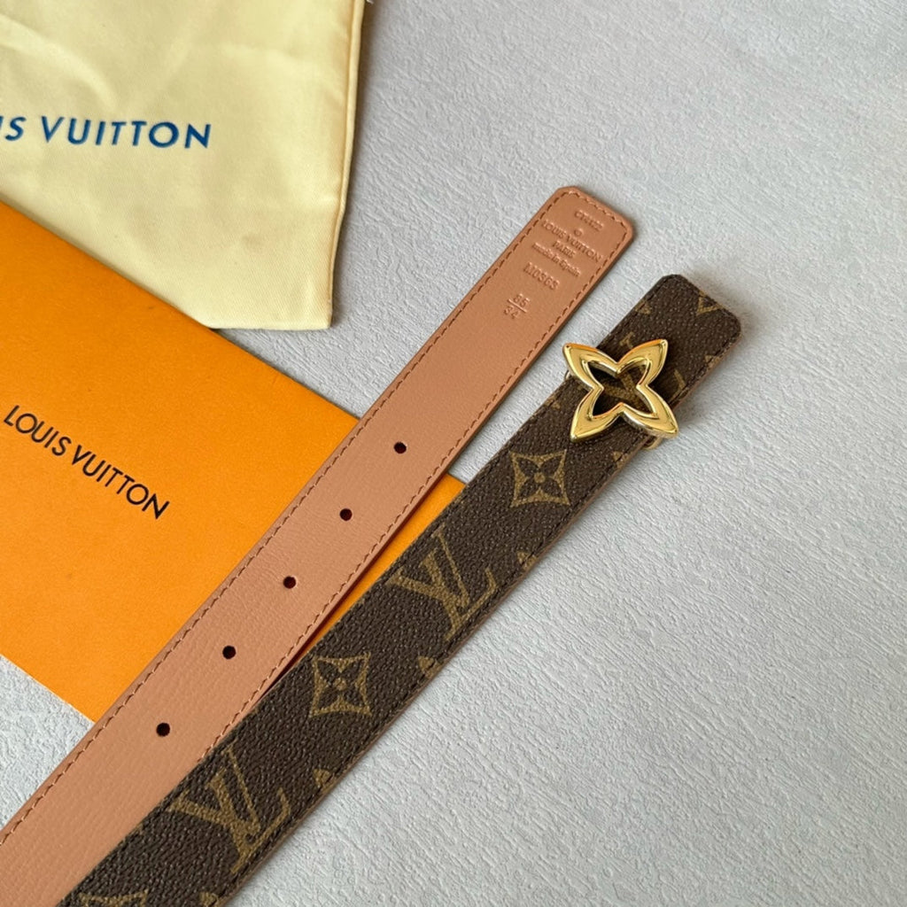 LOUIS VUITTON LV  MINI FLOWERGRAM 30MM REVERSIBLE BELT IN BUFF BROWN CALFSKIN GOLD HARDWARE