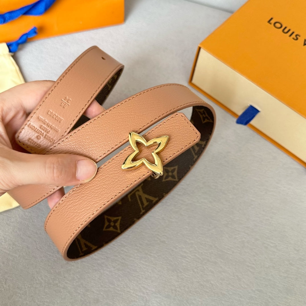LOUIS VUITTON LV Flowergram 30mm Reversible Belt Gold Buckle Beige Brown Leather