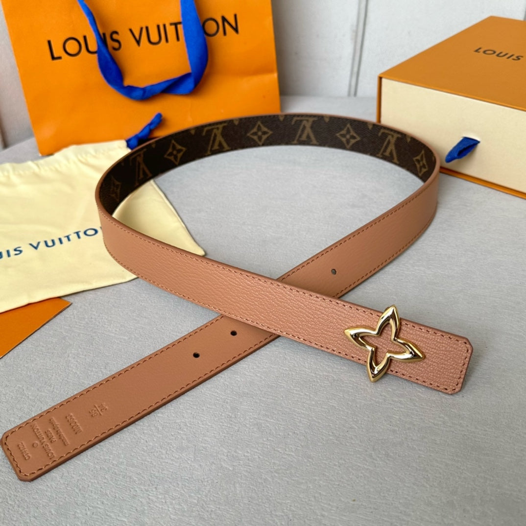 LOUIS VUITTON LV Flowergram 30mm Reversible Belt Gold Buckle Beige Brown Leather