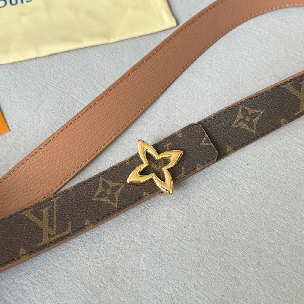 LOUIS VUITTON LV  MINI FLOWERGRAM 30MM REVERSIBLE BELT IN BUFF BROWN CALFSKIN GOLD HARDWARE