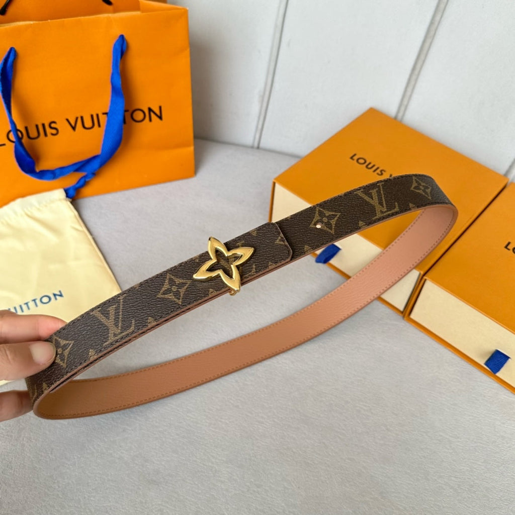 LOUIS VUITTON LV Flowergram 30mm Reversible Belt Gold Buckle Beige Brown Leather
