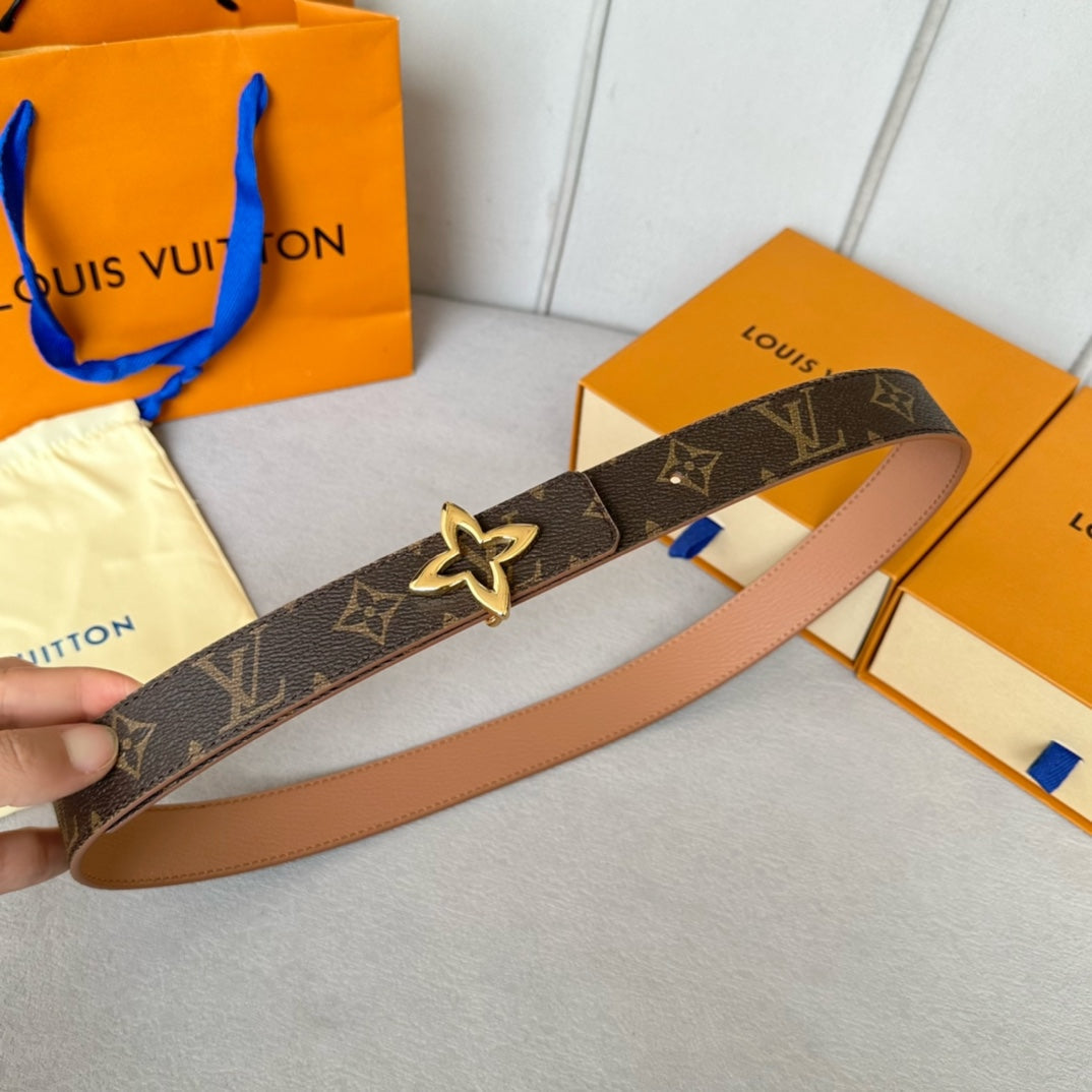 LOUIS VUITTON LV Flowergram 30mm Reversible Belt Gold Buckle Beige Brown Leather