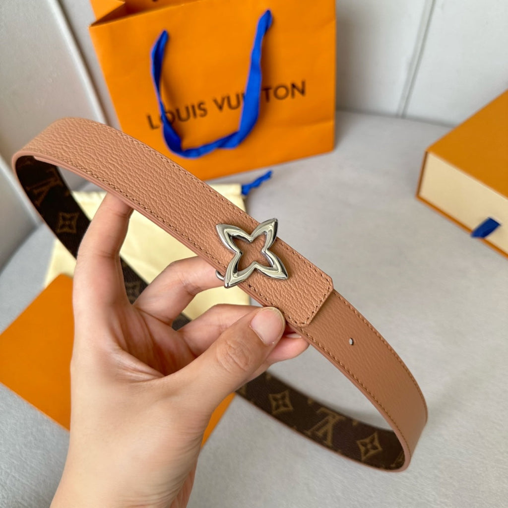 LOUIS VUITTON LV  MINI FLOWERGRAM 30MM REVERSIBLE BELT IN BUFF BROWN CALFSKIN SILVER HARDWARE