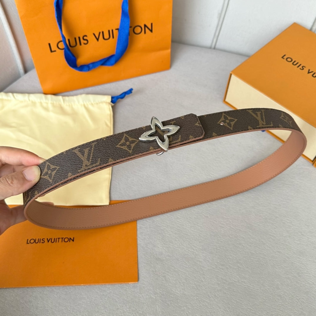 LOUIS VUITTON LV Flowergram 30mm Reversible Belt Silver Buckle Beige Brown Leather