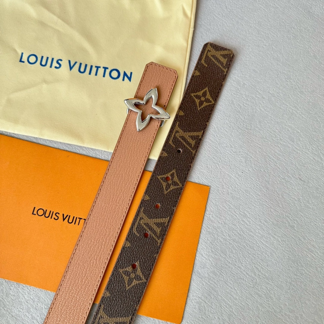 LOUIS VUITTON LV Flowergram 30mm Reversible Belt Silver Buckle Beige Brown Leather