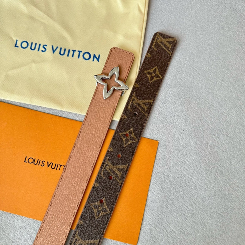 LOUIS VUITTON LV  MINI FLOWERGRAM 30MM REVERSIBLE BELT IN BUFF BROWN CALFSKIN SILVER HARDWARE