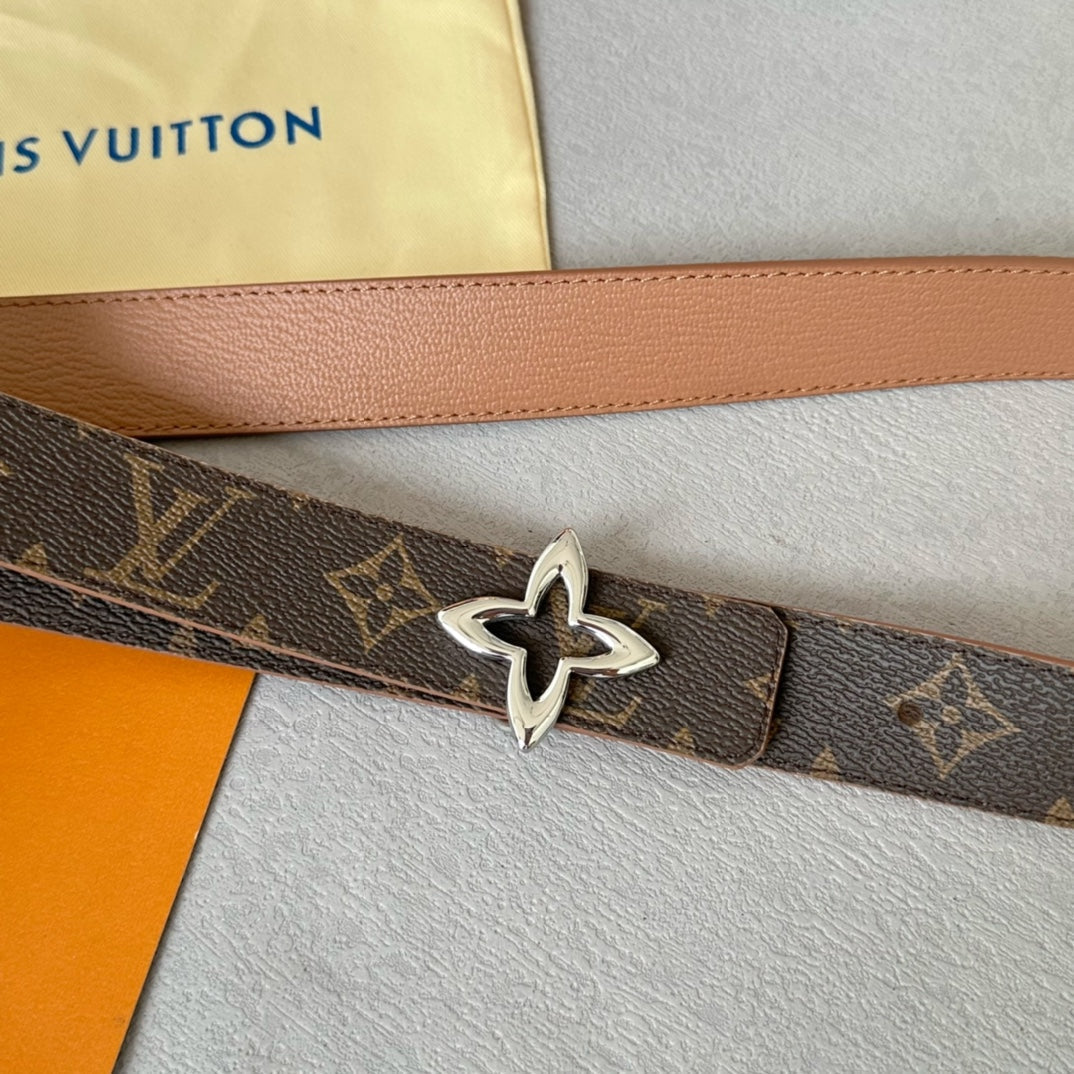 LOUIS VUITTON LV Flowergram 30mm Reversible Belt Silver Buckle Beige Brown Leather