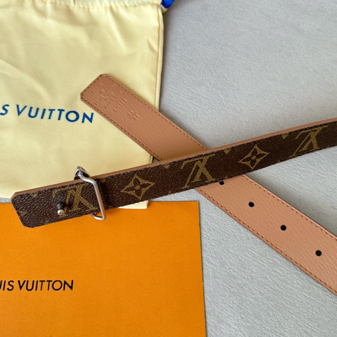 LOUIS VUITTON LV  MINI FLOWERGRAM 30MM REVERSIBLE BELT IN BUFF BROWN CALFSKIN SILVER HARDWARE