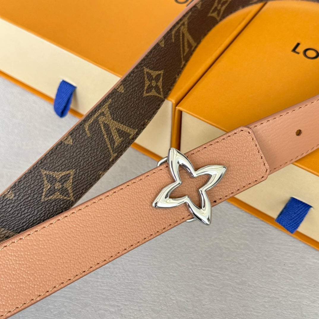 LOUIS VUITTON LV  MINI FLOWERGRAM 30MM REVERSIBLE BELT IN BUFF BROWN CALFSKIN SILVER HARDWARE