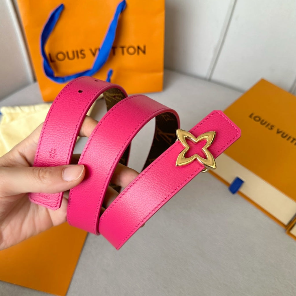 LOUIS VUITTON LV Flowergram 30mm Reversible Belt Gold Buckle Hot Pink Brown Leather