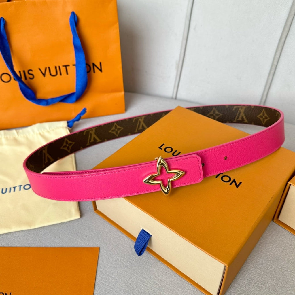 LOUIS VUITTON LV Flowergram 30mm Reversible Belt Gold Buckle Hot Pink Brown Leather