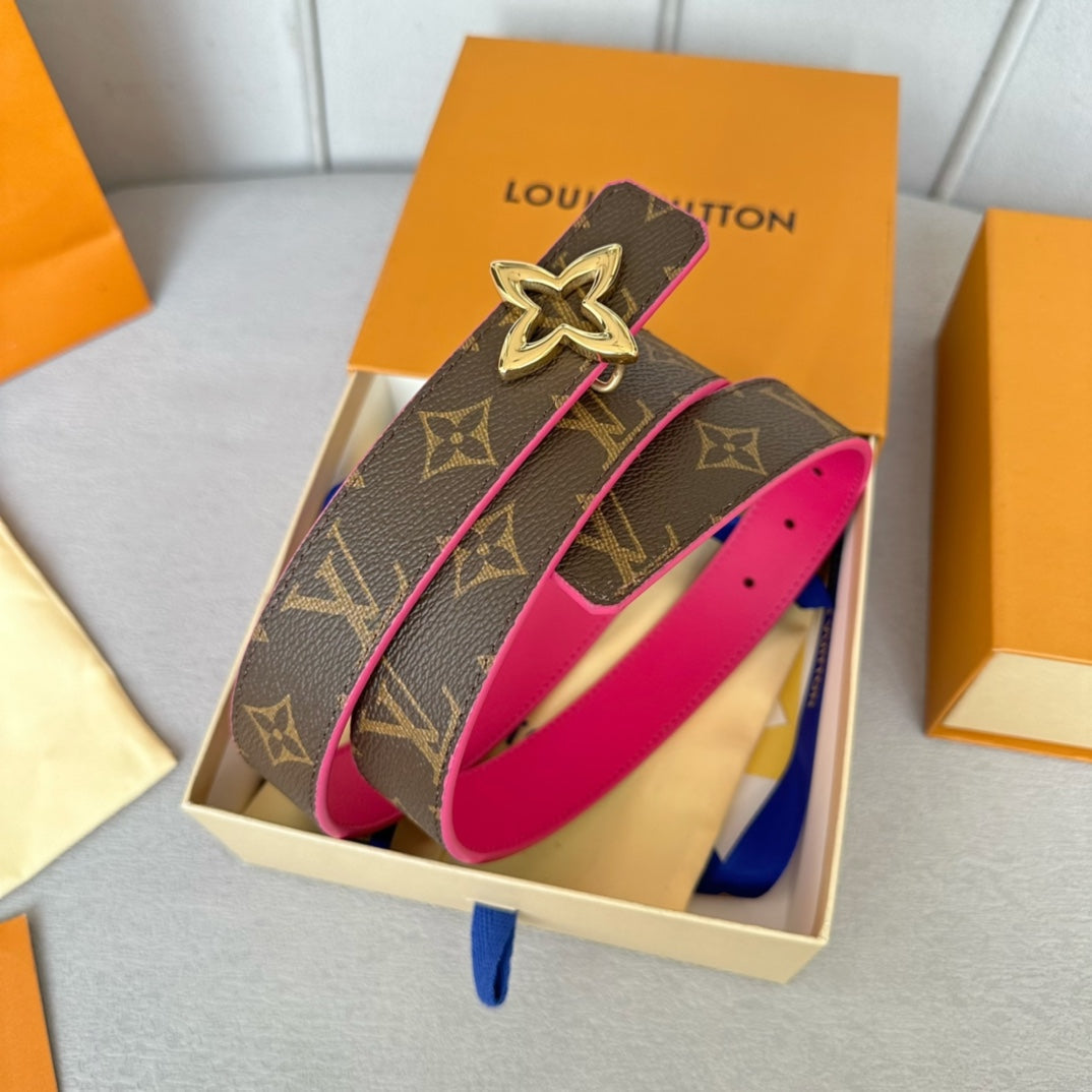 LOUIS VUITTON LV  MINI FLOWERGRAM 30MM REVERSIBLE BELT IN BRIGHT PINK CALFSKIN GOLD HARDWARE