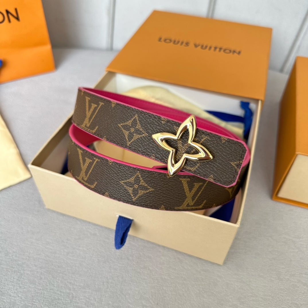 LOUIS VUITTON LV Flowergram 30mm Reversible Belt Gold Buckle Hot Pink Brown Leather