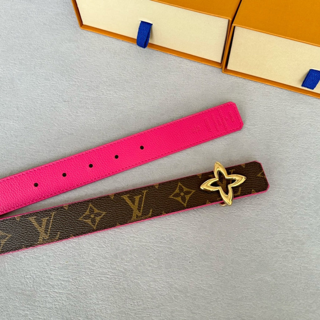 LOUIS VUITTON LV Flowergram 30mm Reversible Belt Gold Buckle Hot Pink Brown Leather