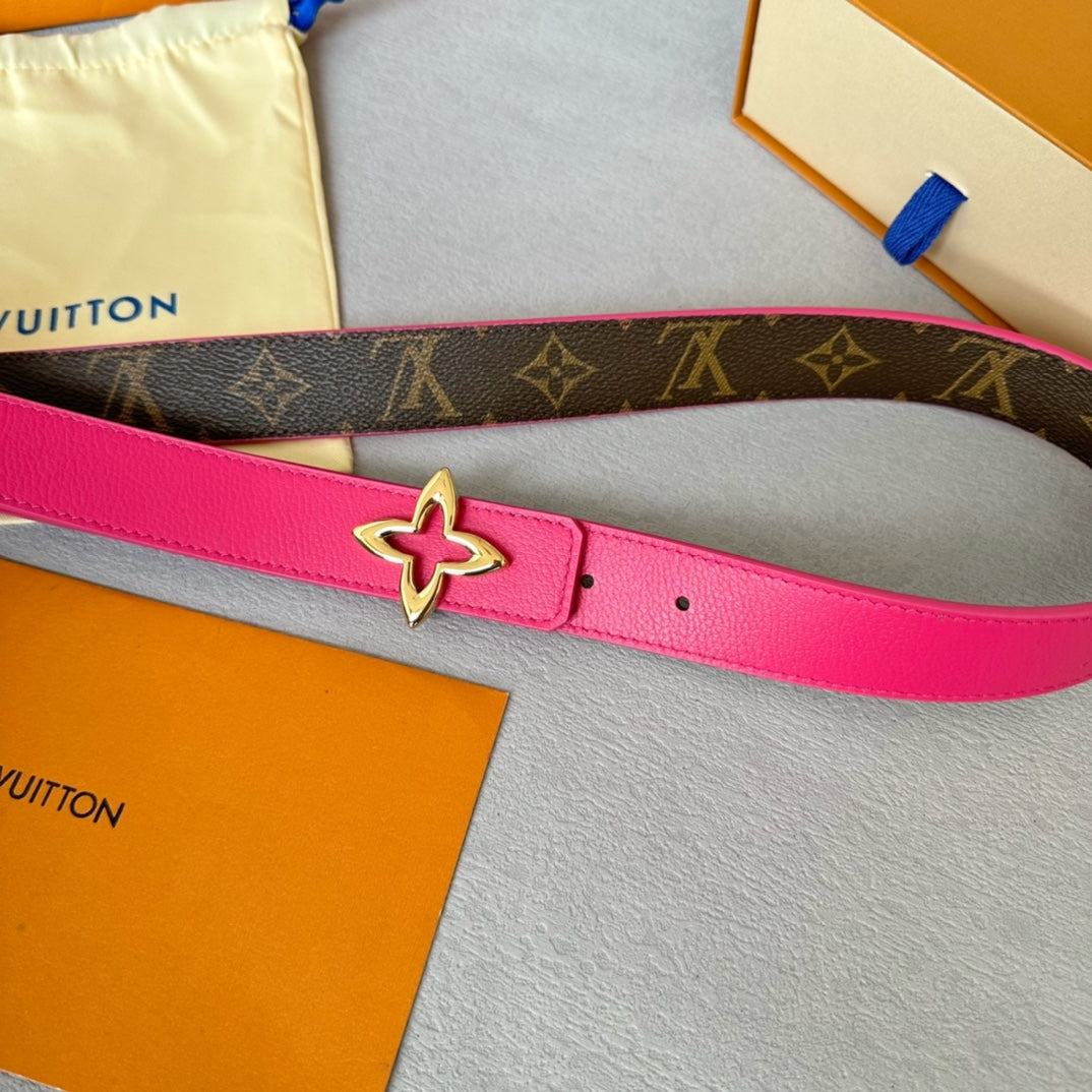 LOUIS VUITTON LV Flowergram 30mm Reversible Belt Gold Buckle Hot Pink Brown Leather