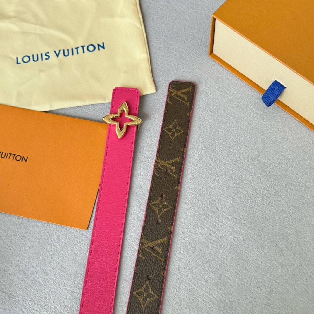 LOUIS VUITTON LV Flowergram 30mm Reversible Belt Gold Buckle Hot Pink Brown Leather