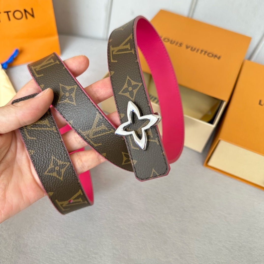 LOUIS VUITTON LV Flowergram 30mm Reversible Belt Silver Buckle Hot Pink Brown Leather