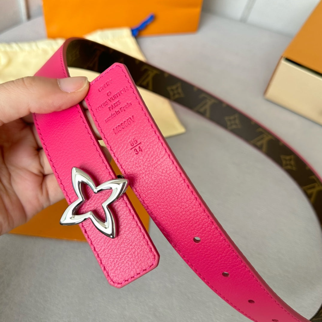 LOUIS VUITTON LV  MINI FLOWERGRAM 30MM REVERSIBLE BELT IN BRIGHT PINK CALFSKIN SILVER HARDWARE