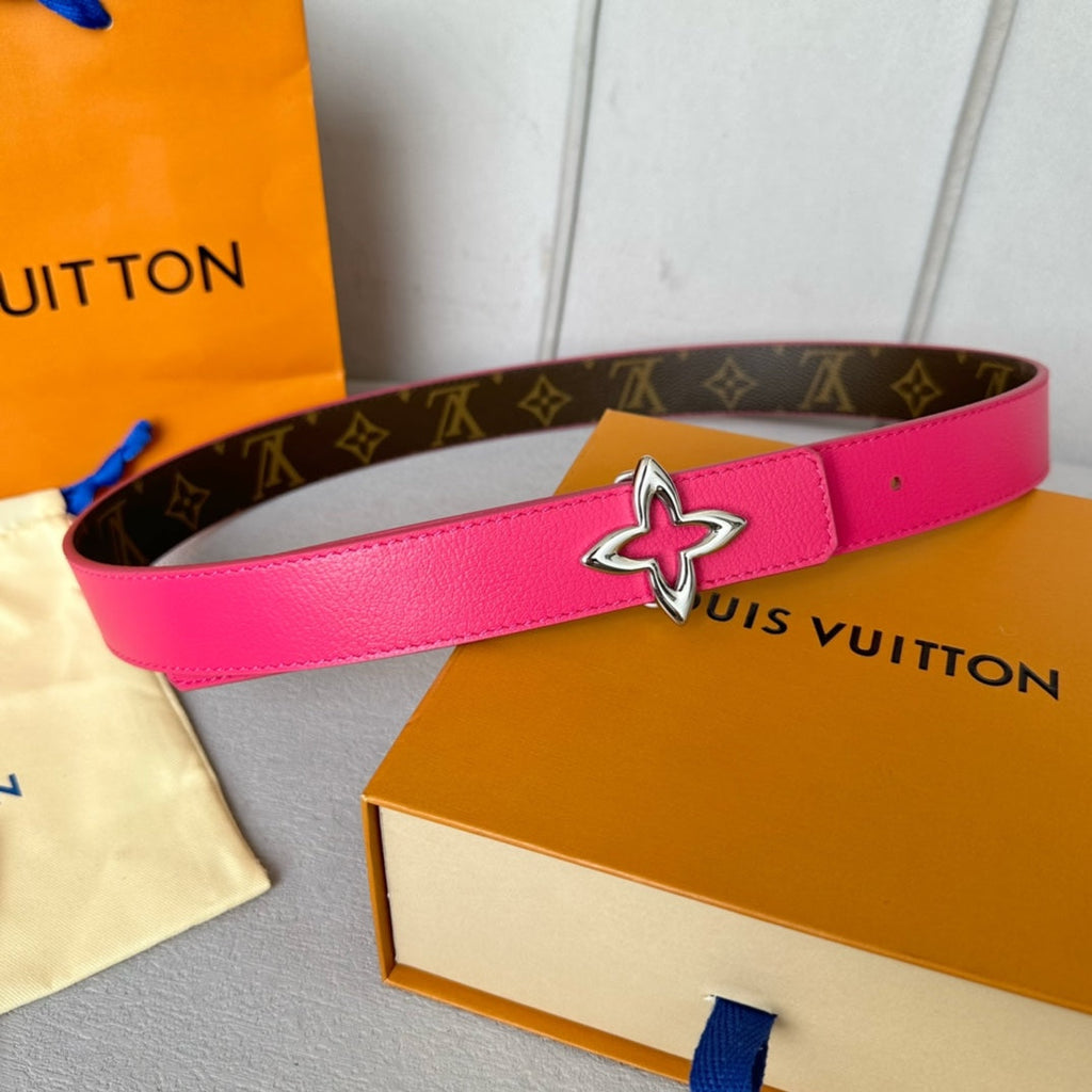 LOUIS VUITTON LV Flowergram 30mm Reversible Belt Silver Buckle Hot Pink Brown Leather