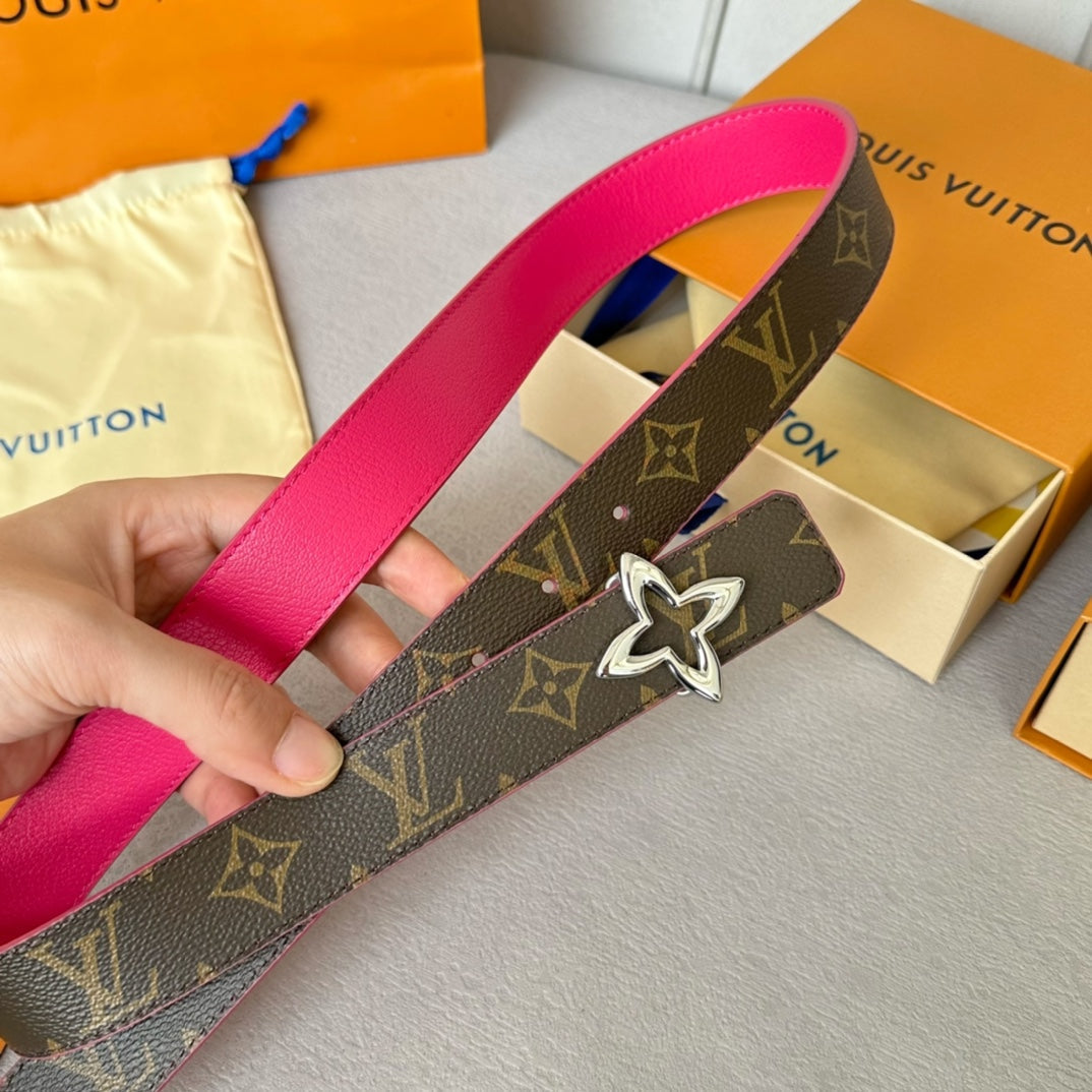LOUIS VUITTON LV Flowergram 30mm Reversible Belt Silver Buckle Hot Pink Brown Leather