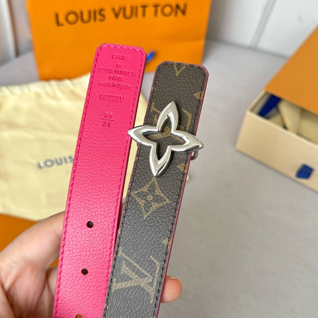 LOUIS VUITTON LV Flowergram 30mm Reversible Belt Silver Buckle Hot Pink Brown Leather