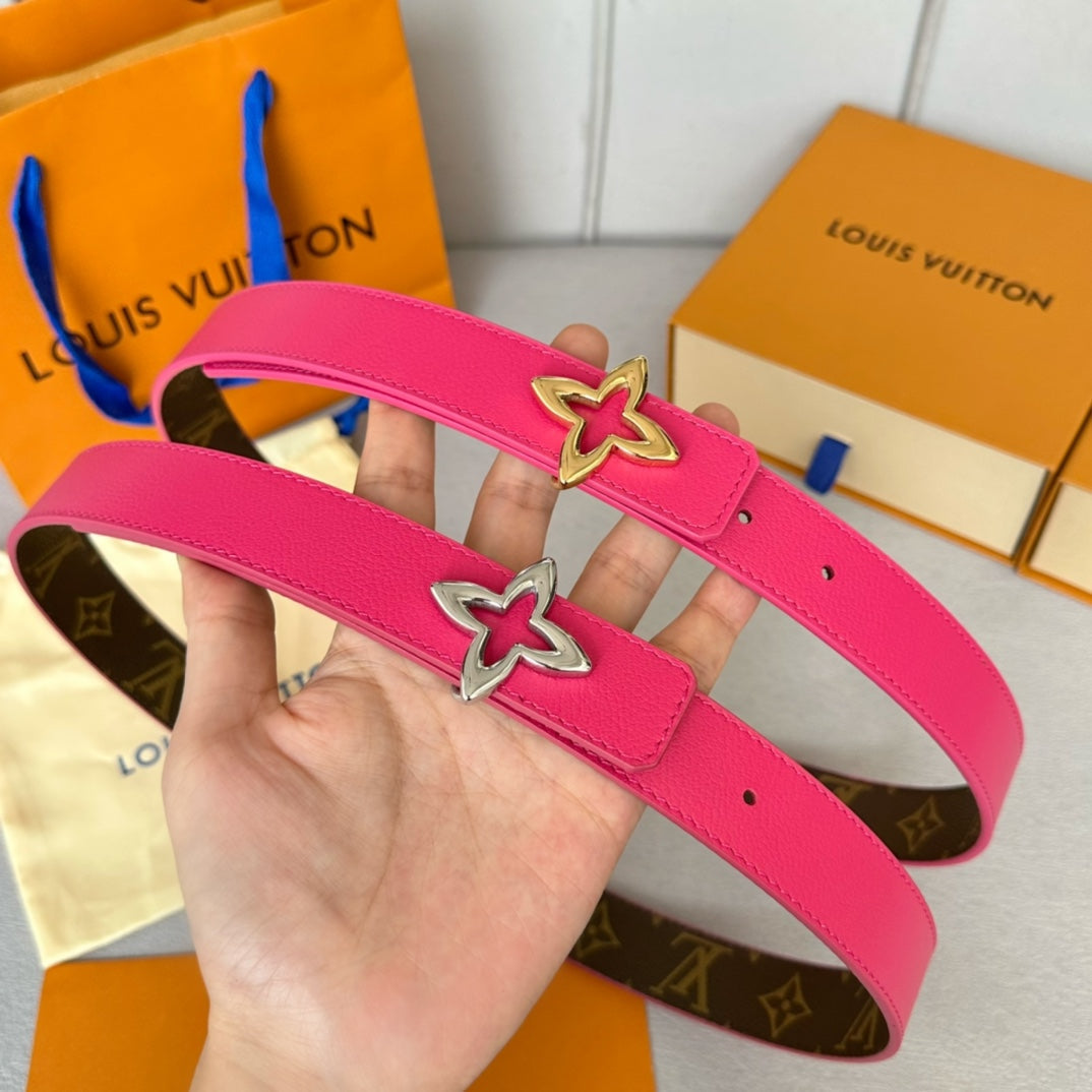 LOUIS VUITTON LV Flowergram 30mm Reversible Belt Silver Buckle Hot Pink Brown Leather