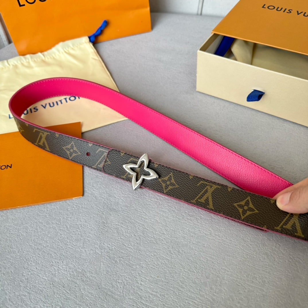 LOUIS VUITTON LV  MINI FLOWERGRAM 30MM REVERSIBLE BELT IN BRIGHT PINK CALFSKIN SILVER HARDWARE