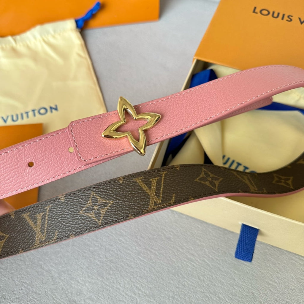LOUIS VUITTON LV Flowergram 30mm Reversible Belt Gold Buckle Pink Brown Leather