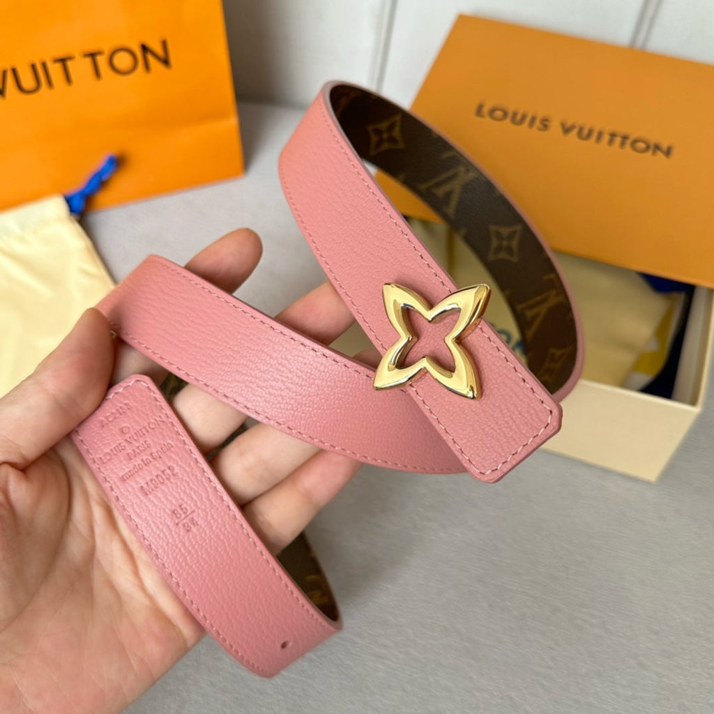 LOUIS VUITTON LV Flowergram 30mm Reversible Belt Gold Buckle Pink Brown Leather