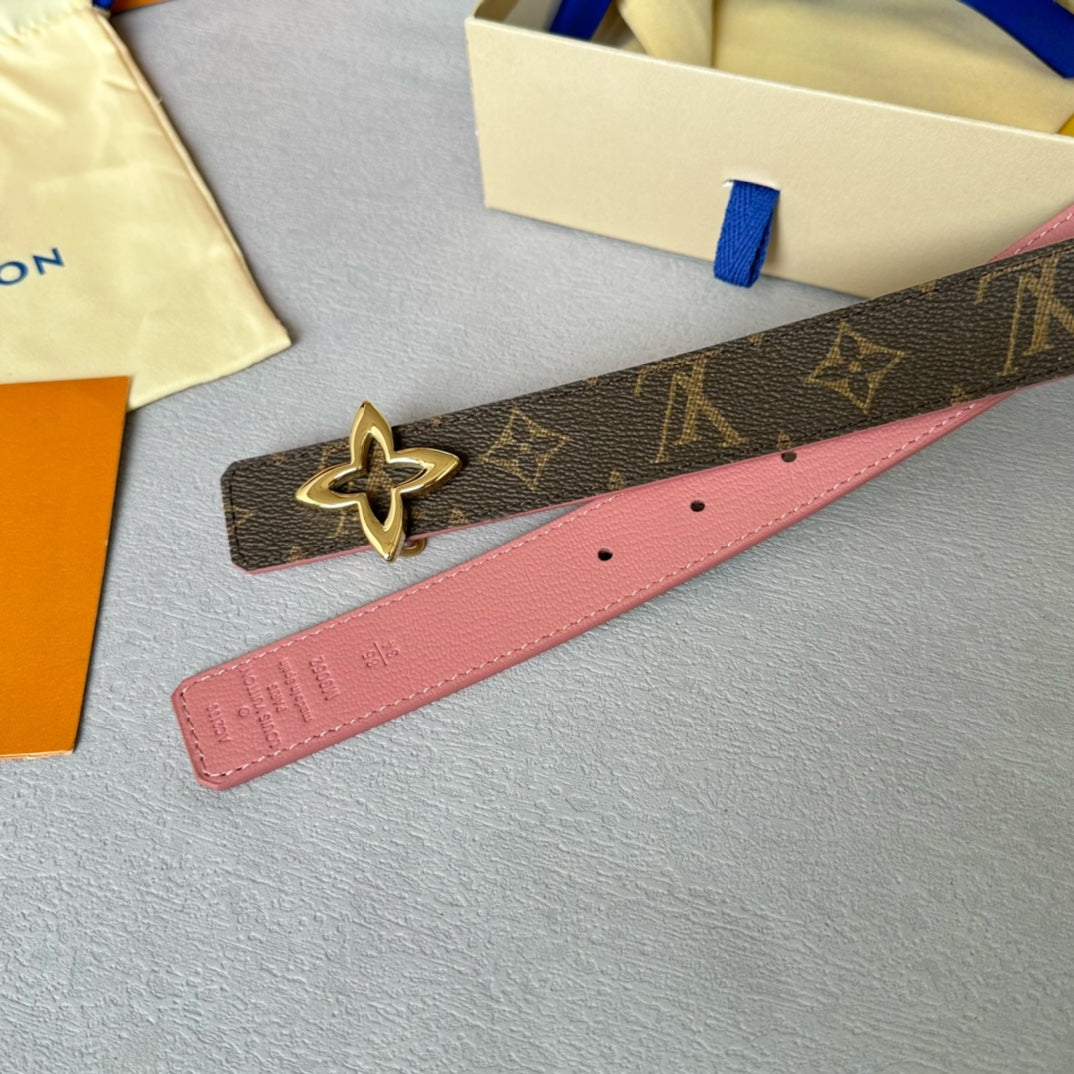 LOUIS VUITTON LV Flowergram 30mm Reversible Belt Gold Buckle Pink Brown Leather