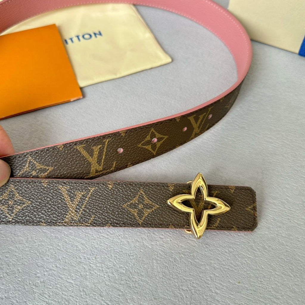 LOUIS VUITTON LV Flowergram 30mm Reversible Belt Gold Buckle Pink Brown Leather