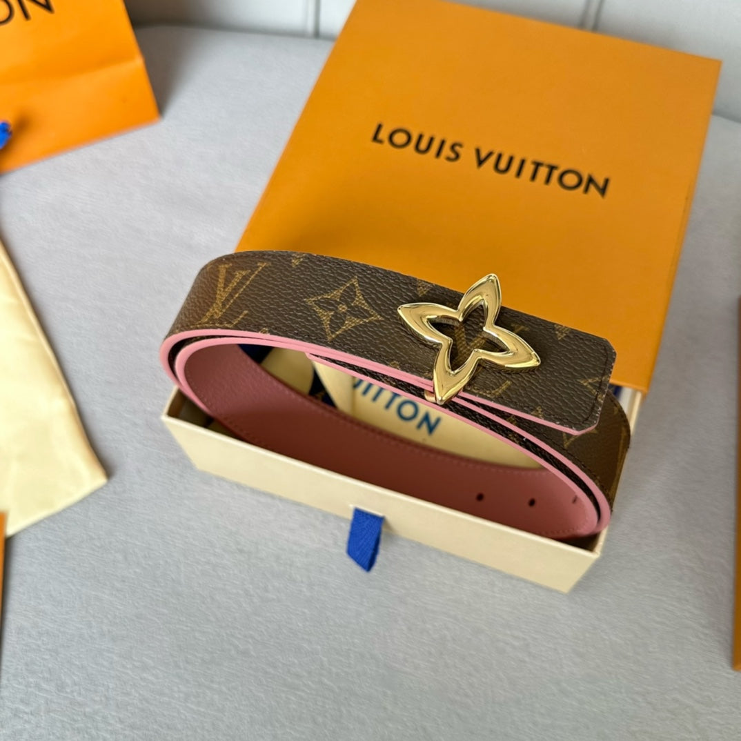 LOUIS VUITTON LV Flowergram 30mm Reversible Belt Gold Buckle Pink Brown Leather