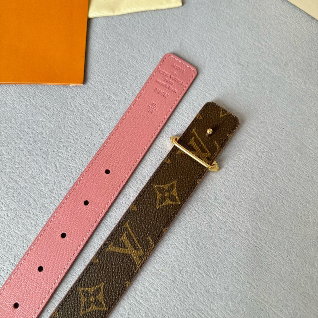 LOUIS VUITTON LV Flowergram 30mm Reversible Belt Gold Buckle Pink Brown Leather