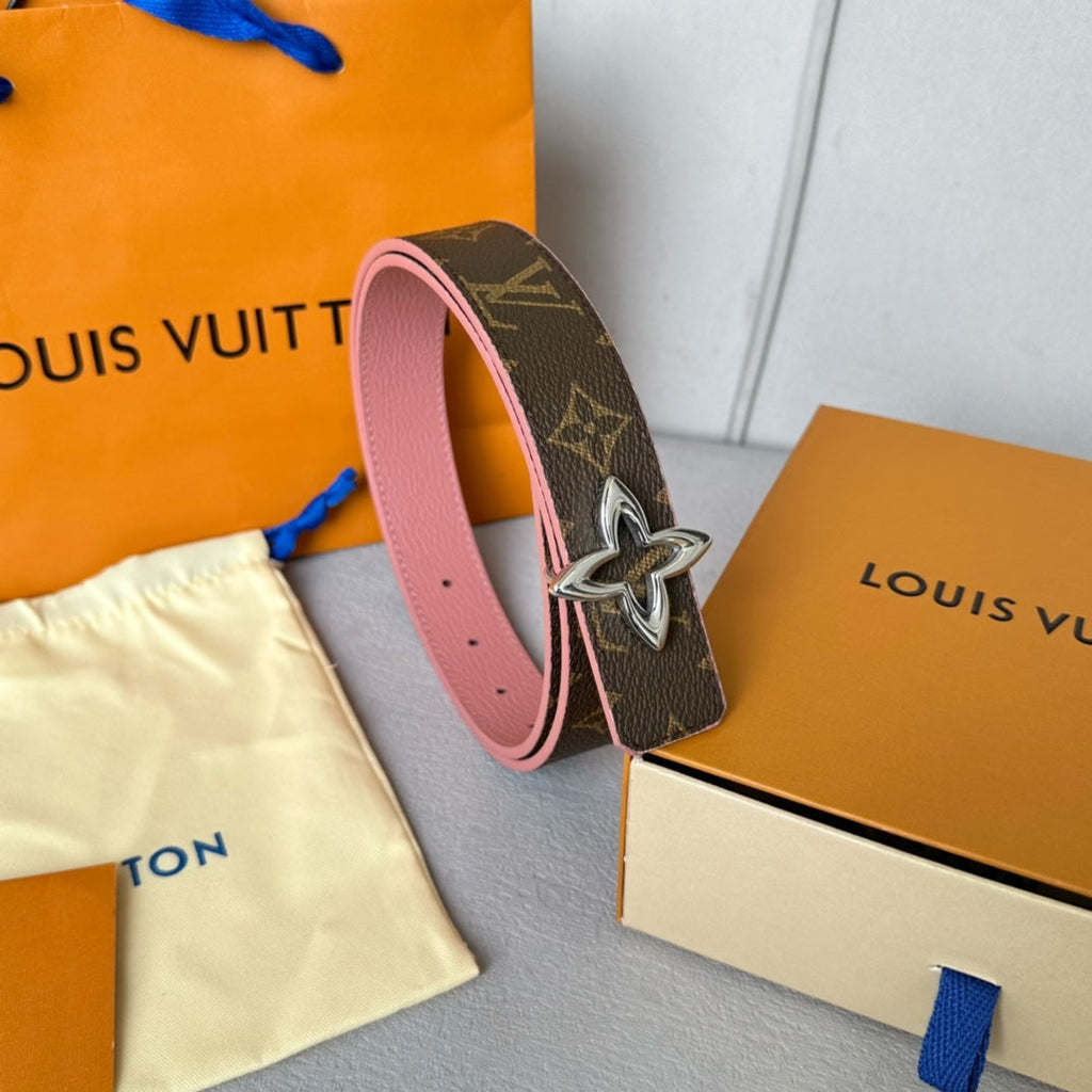 LOUIS VUITTON LV  MINI FLOWERGRAM 30MM REVERSIBLE BELT IN BLUSH PINK CALFSKIN SILVER HARDWARE