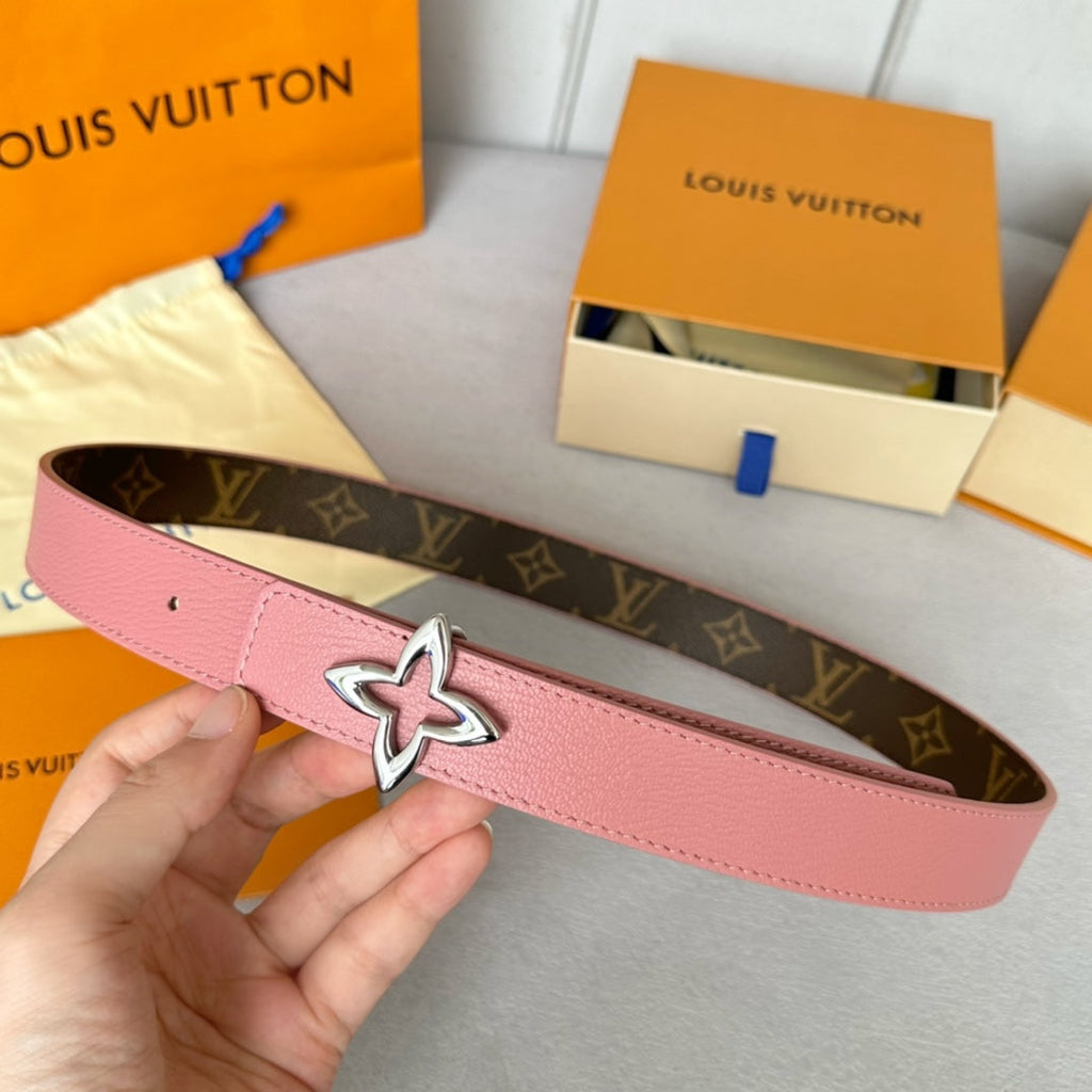 LOUIS VUITTON LV  MINI FLOWERGRAM 30MM REVERSIBLE BELT IN BLUSH PINK CALFSKIN SILVER HARDWARE