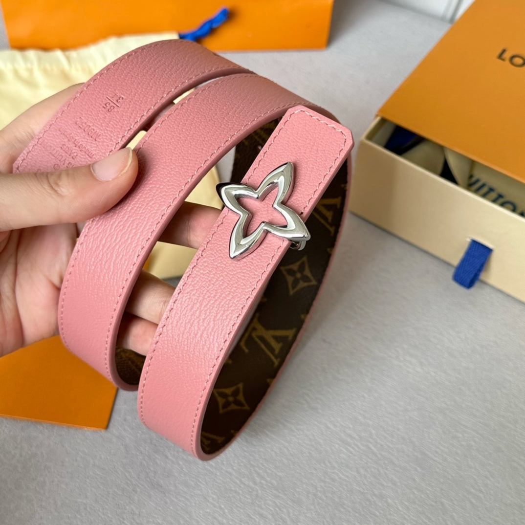 LOUIS VUITTON LV  MINI FLOWERGRAM 30MM REVERSIBLE BELT IN BLUSH PINK CALFSKIN SILVER HARDWARE