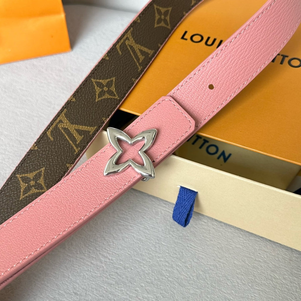LOUIS VUITTON LV Flowergram 30mm Reversible Belt Silver Buckle Pink Brown Leather