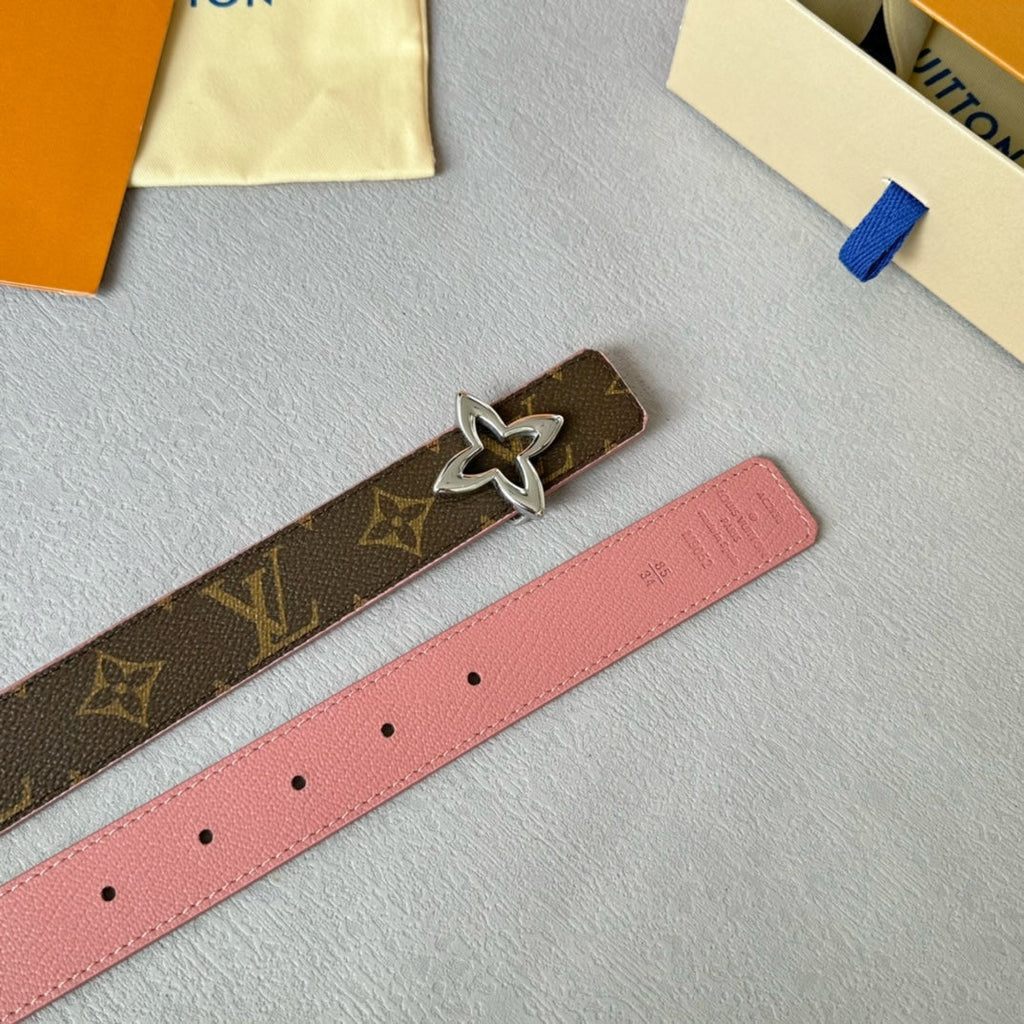 LOUIS VUITTON LV Flowergram 30mm Reversible Belt Silver Buckle Pink Brown Leather