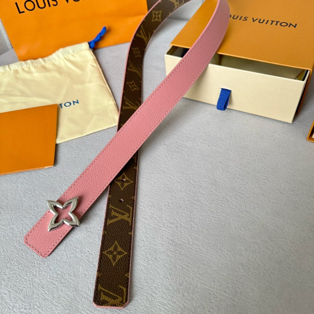 LOUIS VUITTON LV Flowergram 30mm Reversible Belt Silver Buckle Pink Brown Leather