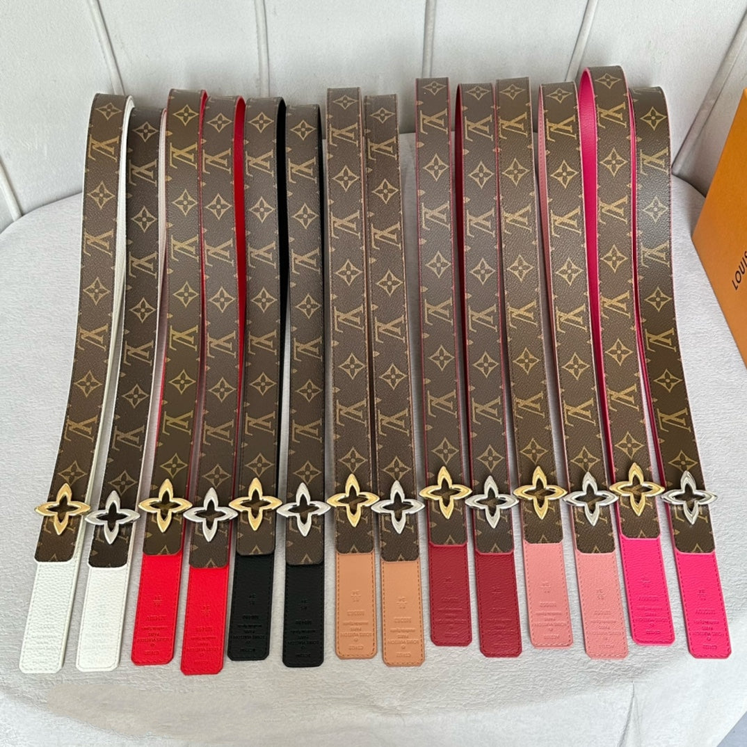 LOUIS VUITTON LV Flowergram 30mm Reversible Belt Silver Buckle Pink Brown Leather