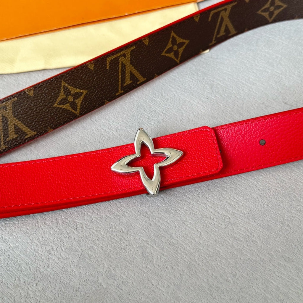 LOUIS VUITTON LV Flowergram 30mm Reversible Belt Silver Buckle Red Brown Leather