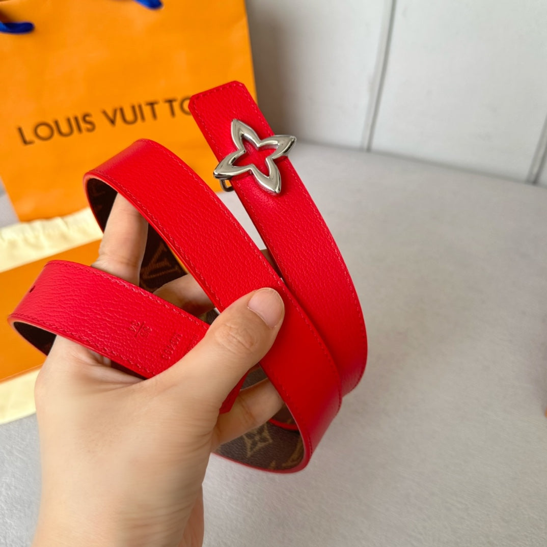 LOUIS VUITTON LV  MINI FLOWERGRAM 30MM REVERSIBLE BELT IN CHERRY RED CALFSKIN SILVER HARDWARE