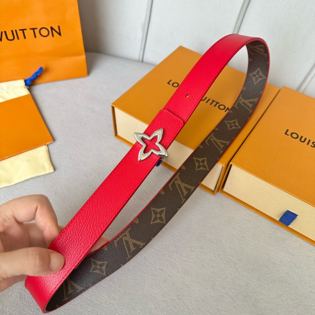 LOUIS VUITTON LV Flowergram 30mm Reversible Belt Silver Buckle Red Brown Leather