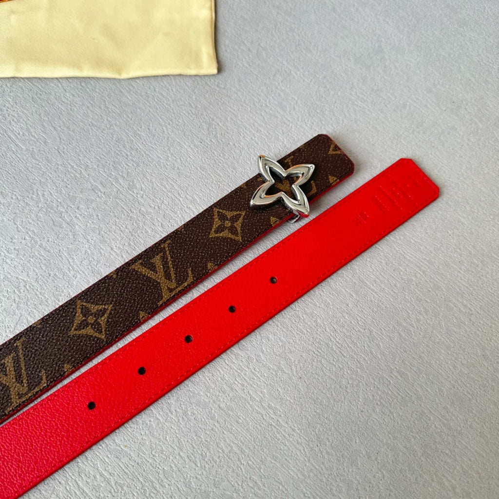 LOUIS VUITTON LV Flowergram 30mm Reversible Belt Silver Buckle Red Brown Leather