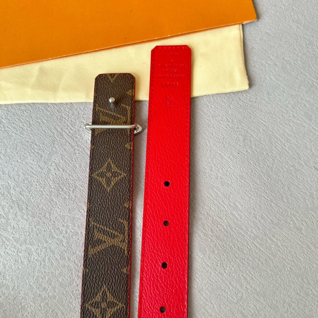 LOUIS VUITTON LV  MINI FLOWERGRAM 30MM REVERSIBLE BELT IN CHERRY RED CALFSKIN SILVER HARDWARE