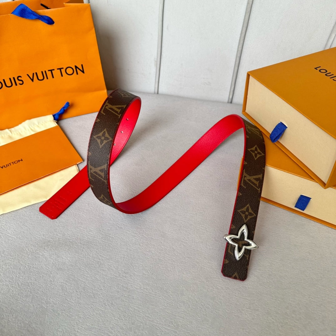 LOUIS VUITTON LV  MINI FLOWERGRAM 30MM REVERSIBLE BELT IN CHERRY RED CALFSKIN SILVER HARDWARE