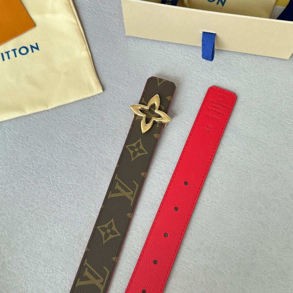 LOUIS VUITTON LV Flowergram 30mm Reversible Belt Gold Buckle Red Brown Leather