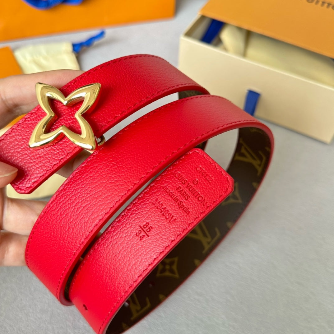 LOUIS VUITTON LV  MINI FLOWERGRAM 30MM REVERSIBLE BELT IN CHERRY RED CALFSKIN GOLD HARDWARE