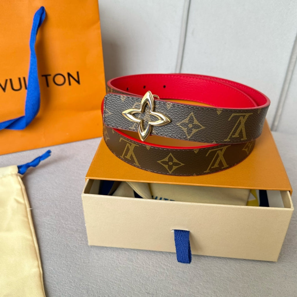 LOUIS VUITTON LV  MINI FLOWERGRAM 30MM REVERSIBLE BELT IN CHERRY RED CALFSKIN GOLD HARDWARE